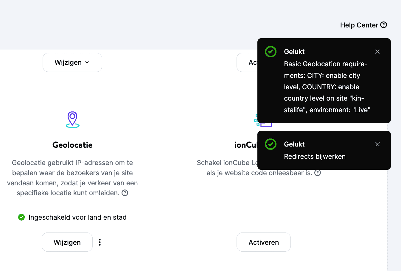 MyKinsta geolocatie ingeschakeld bevestigingsbericht.