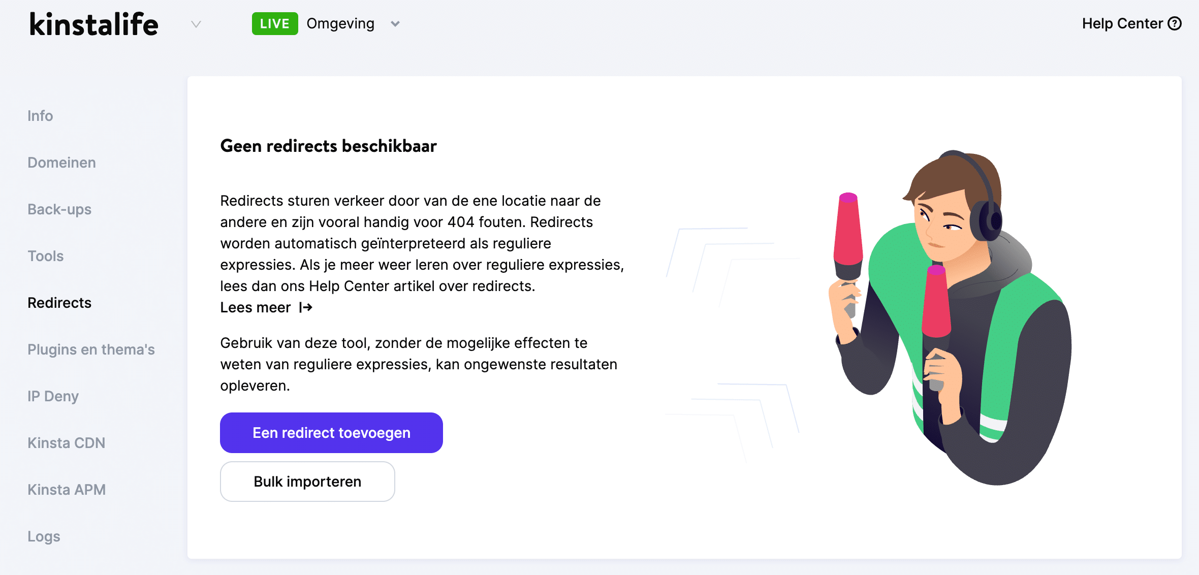 Redirectregels toevoegen in MyKinsta.