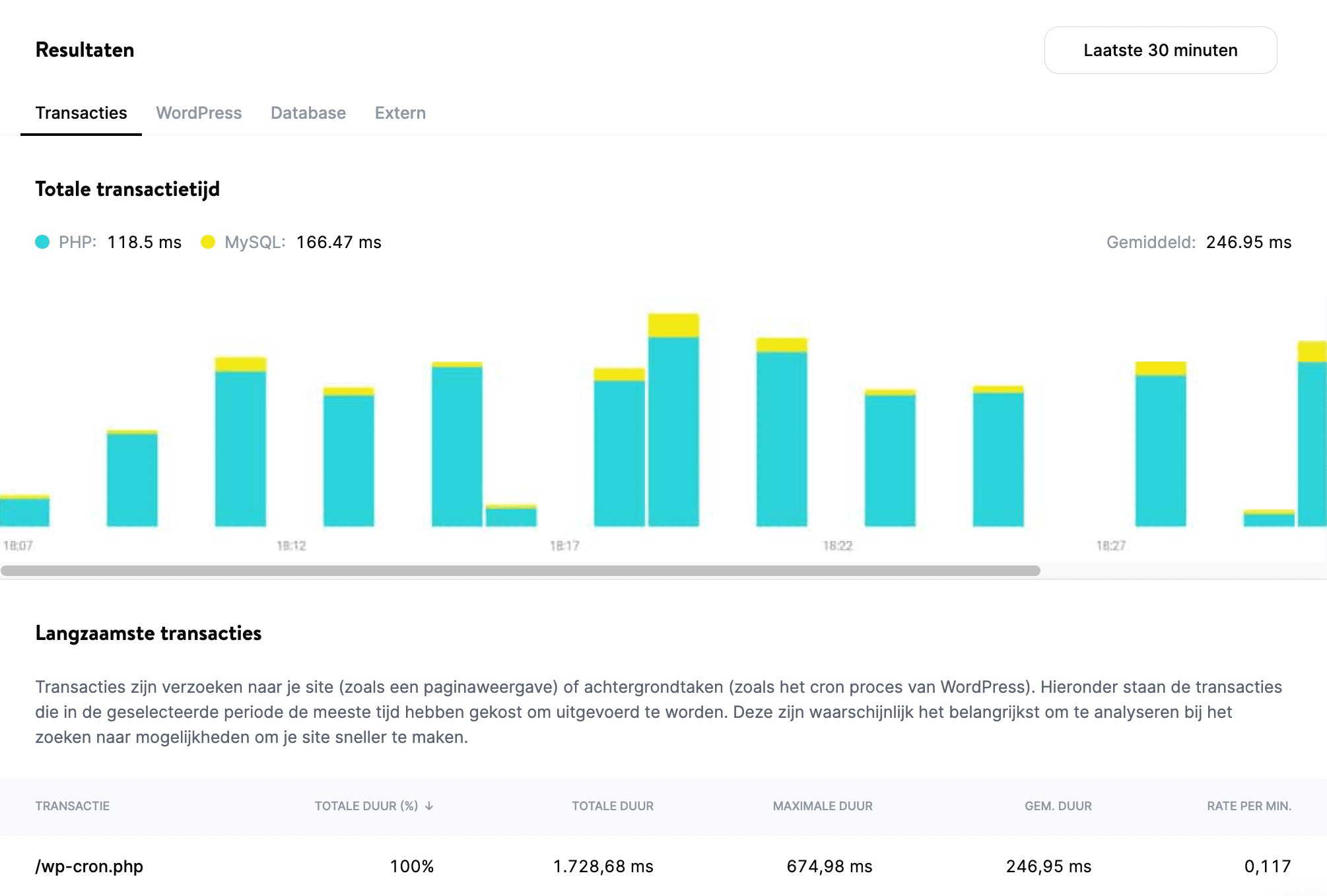  Kinsta APM’s ‘Transactions’ tabblad.