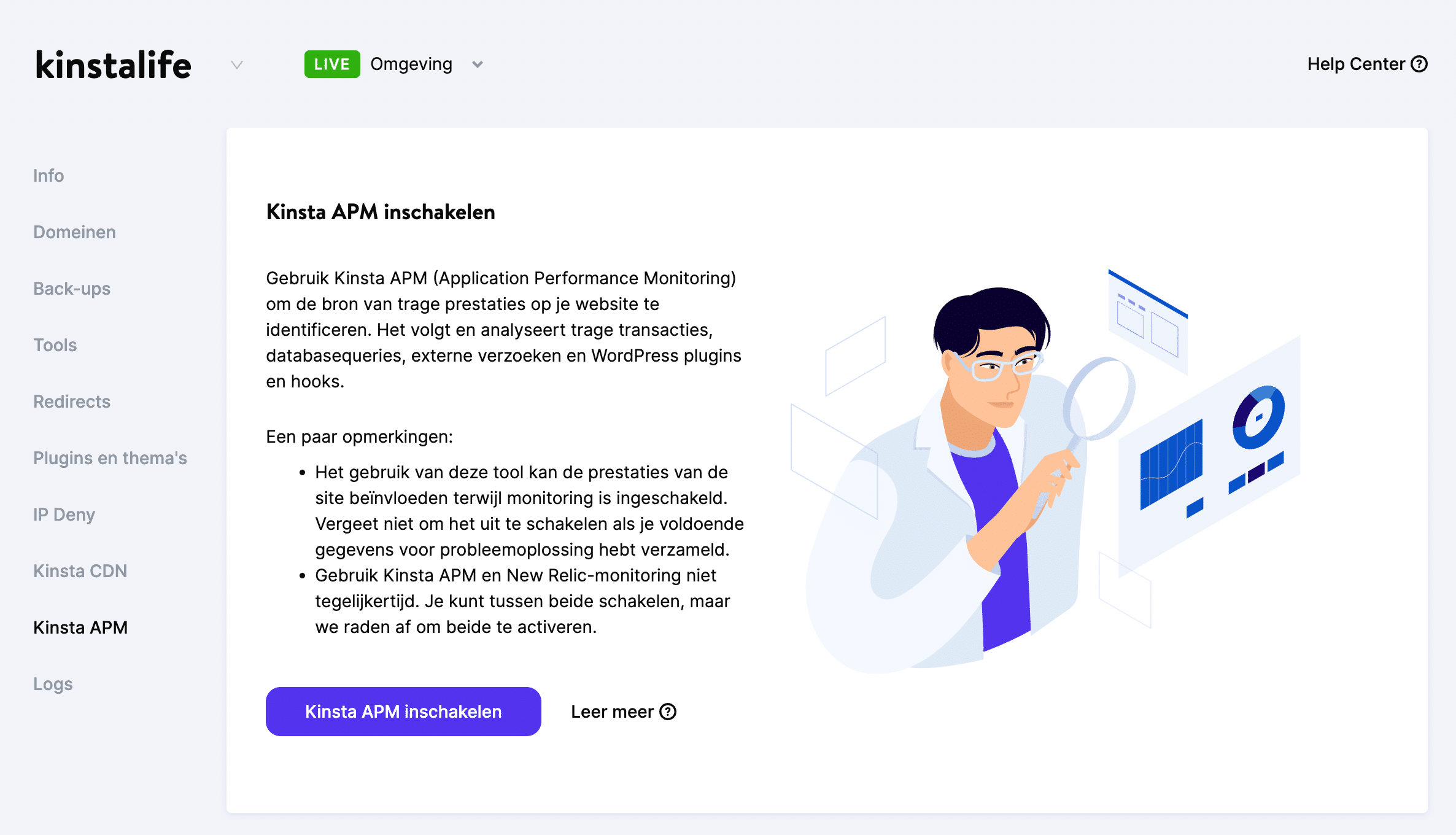 Kinsta APM inschakelen in het MyKinsta dashboard.