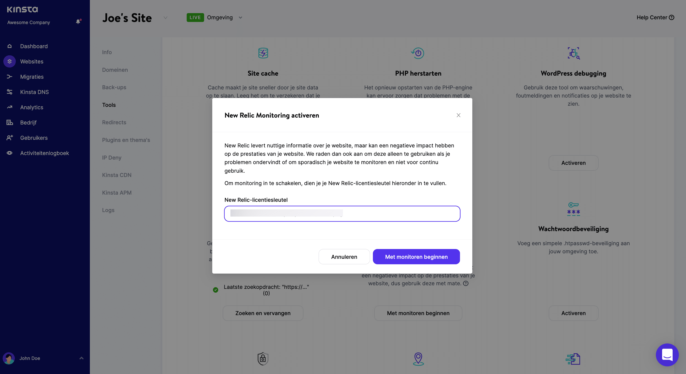 Voeg je New Relic licentiesleutel toe in MyKinsta.