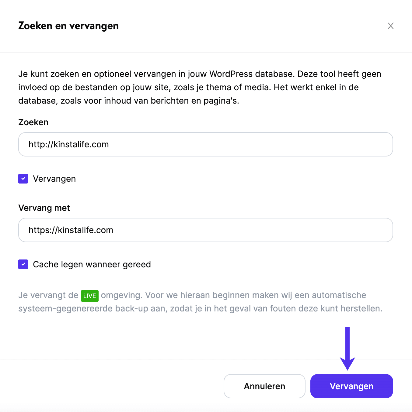 De ‘Search and replace’ tool gebruiken in MyKinsta.