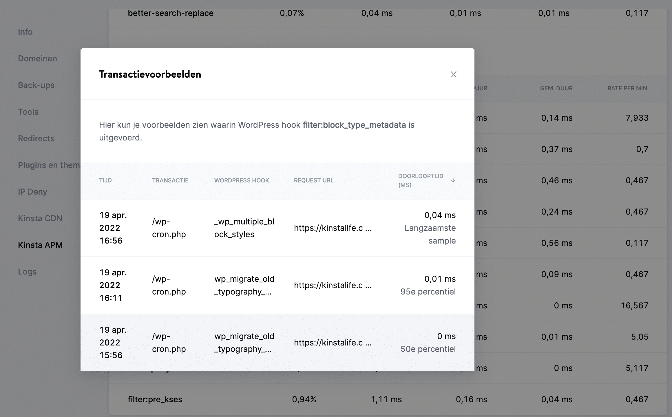 Transactiemonsters van een langzame hook zien met Kinsta APM.