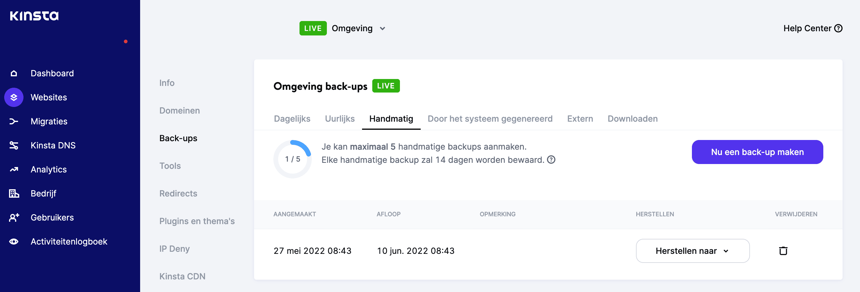 MyKinsta toont een lijst met alle backups