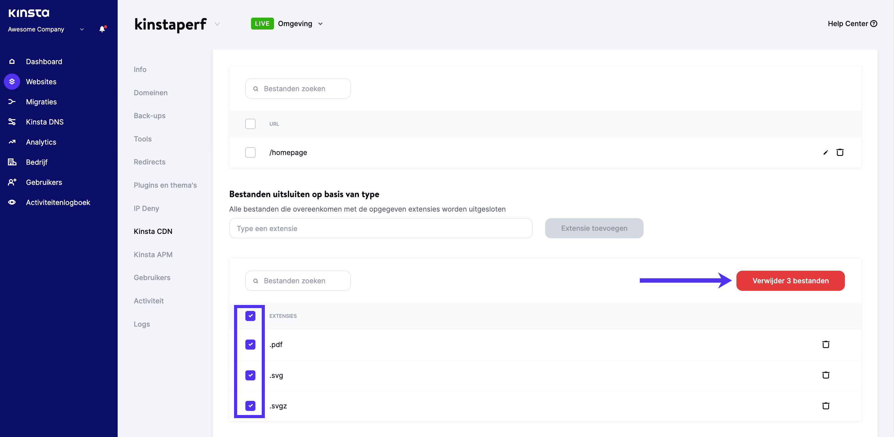 Verwijder meerdere uitsluitingen van bestandstypen in Kinsta CDN.
