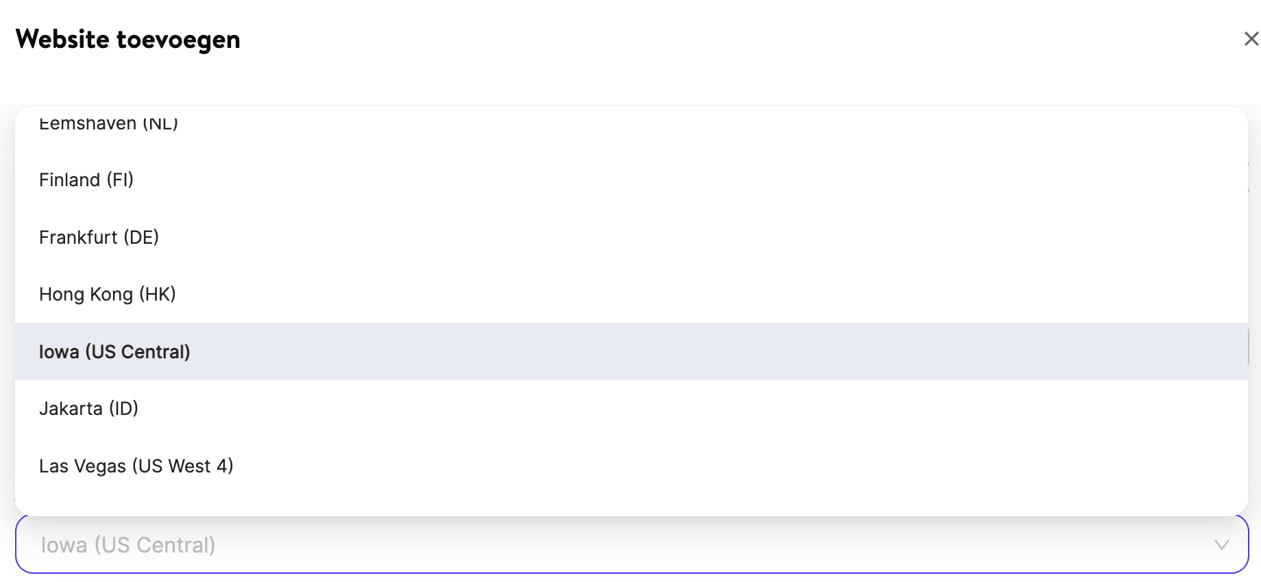 Selecteer een datacenterlocatie bij het maken van een site.