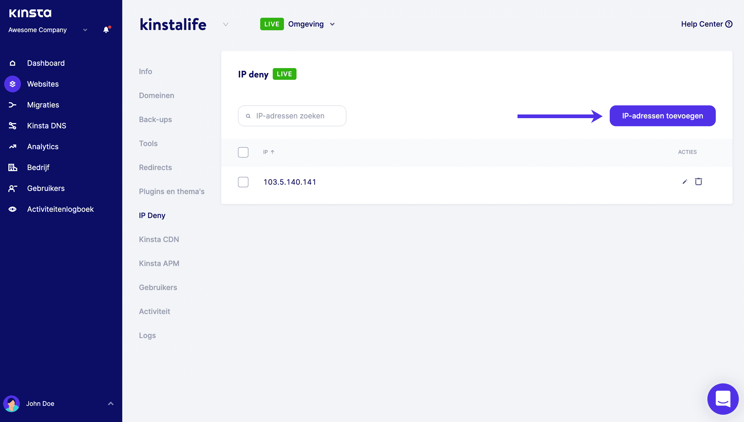 Begin IP adressen toe te voegen aan de IP Deny tool in MyKinsta.