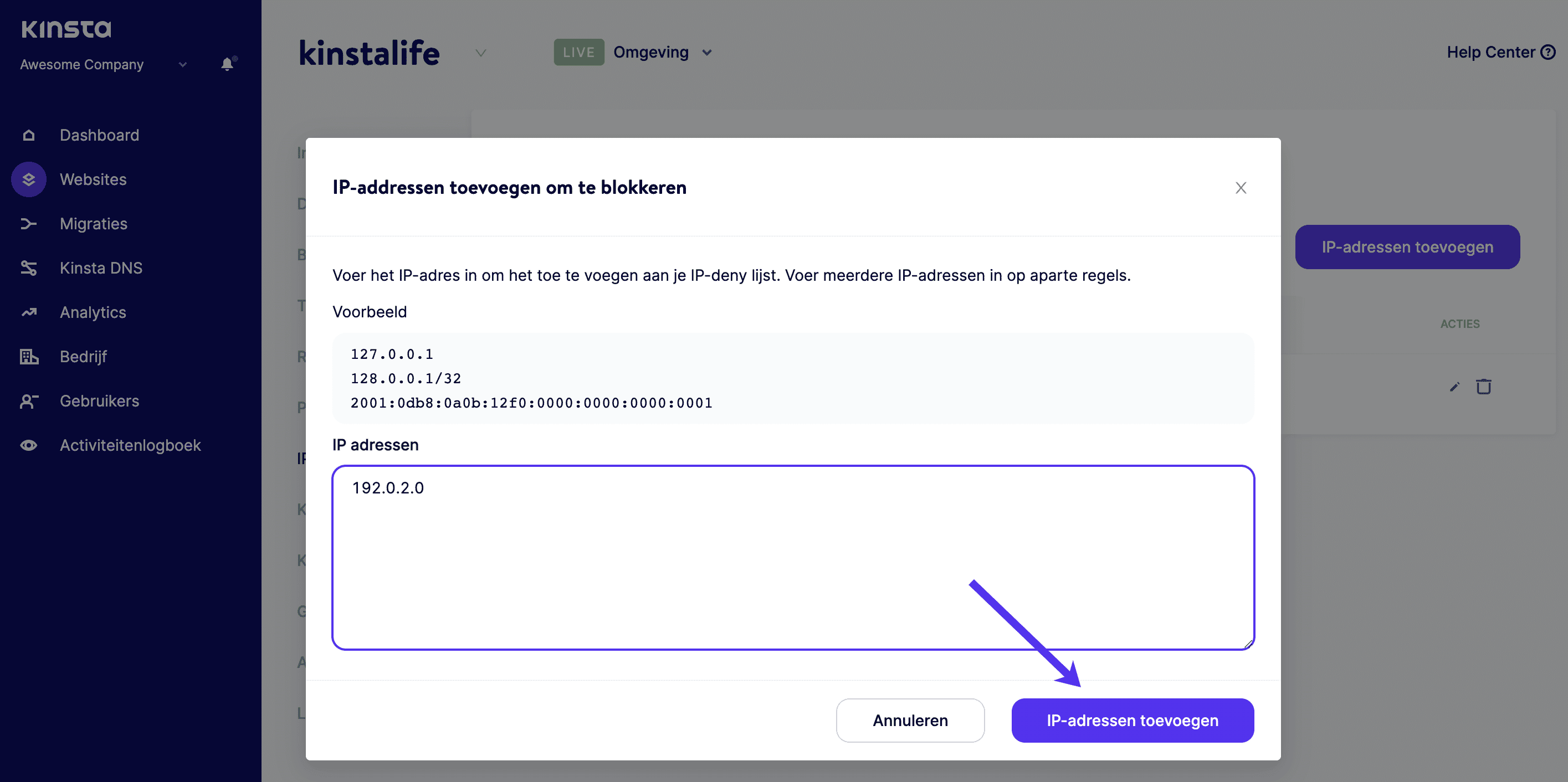 Voeg een IP adres toe om te blokkeren in MyKinsta.