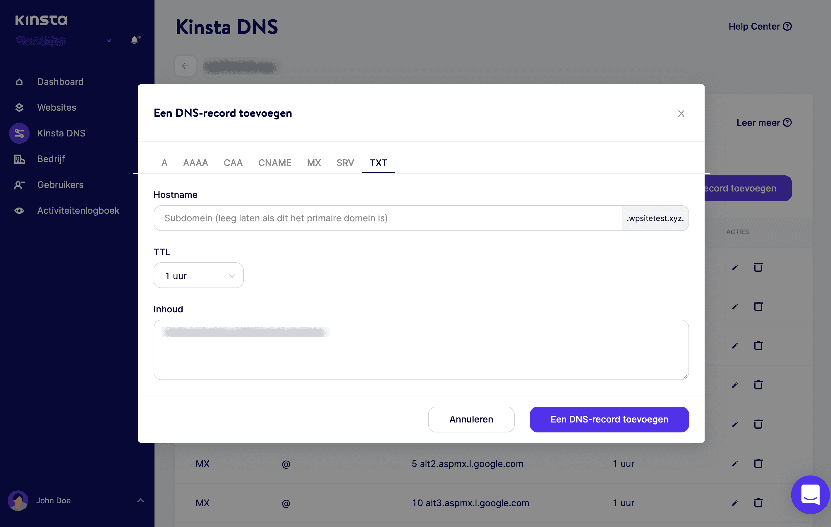 Een DNS record toevoegen in MyKinsta