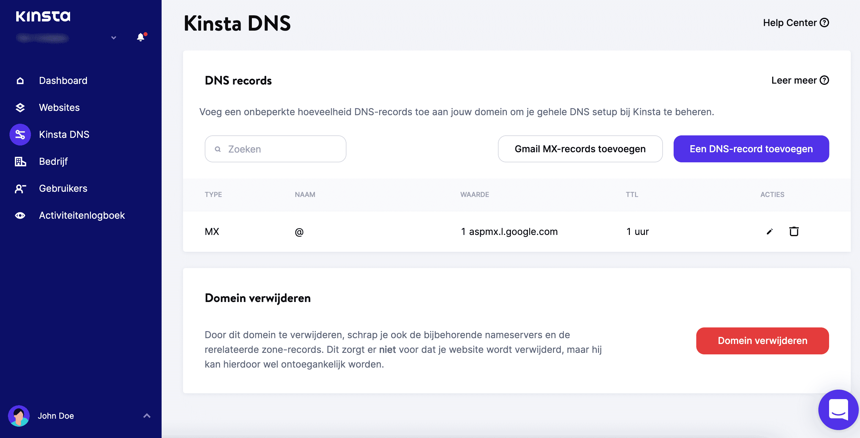 DNS records in MyKinsta
