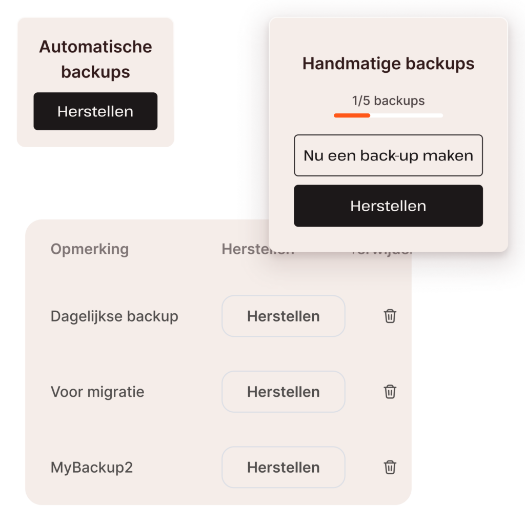 Schermafbeeldingen met functionaliteit voor back-up van database