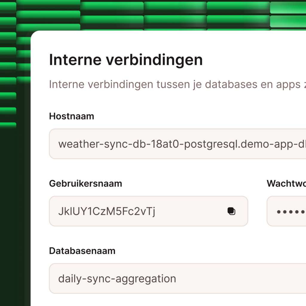 Schermafbeelding met opties voor interne databaseverbindingen