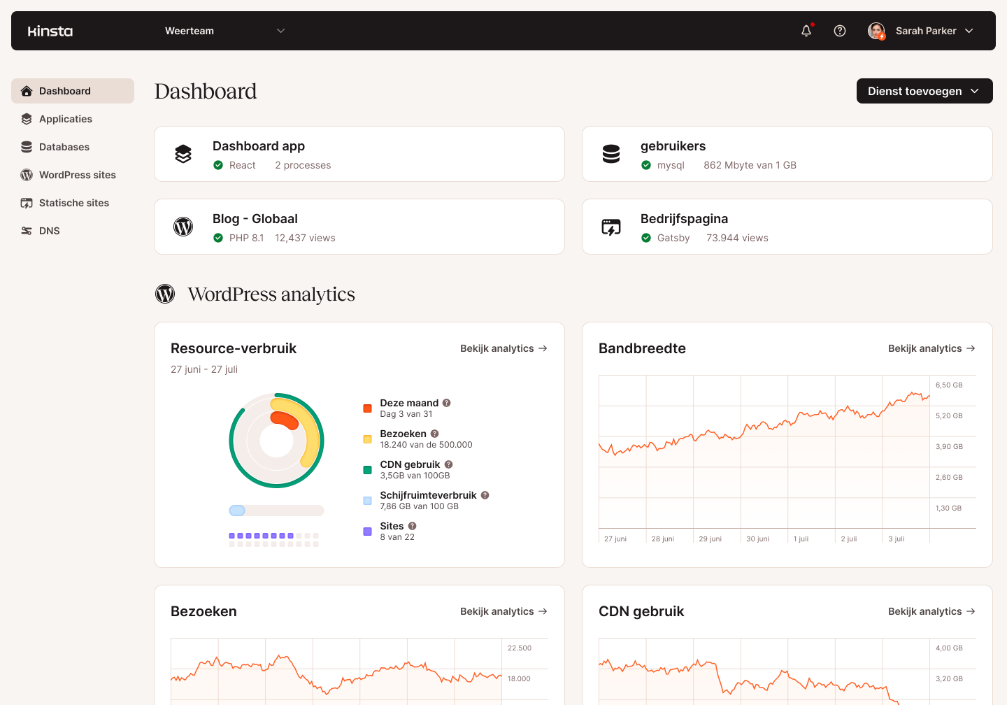 Schermafbeelding van het hoofddashboard van MyKinsta