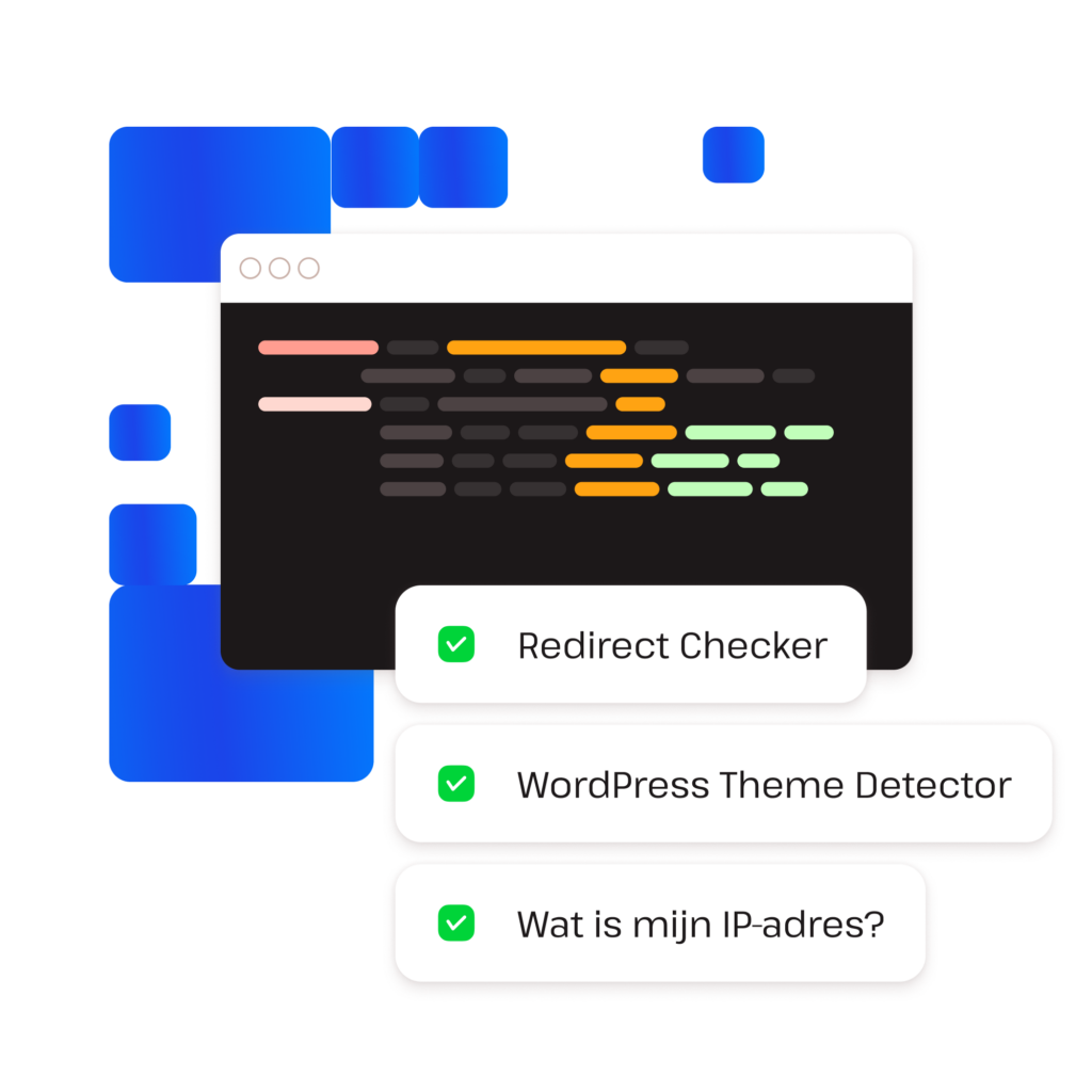 Voorbeelden van WordPress ontwikkelaarstools zoals Redirect checker, WordPress Theme Detector en Wat is mijn IP