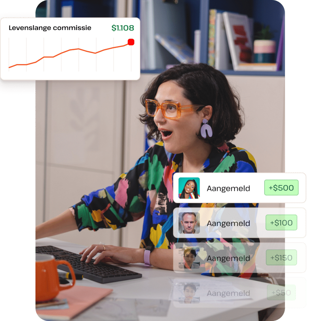 Vrouw die achter een computer werkt, wat symbool staat voor het verdienen van inkomen uit affiliate marketing als webontwerper of -ontwikkelaar.