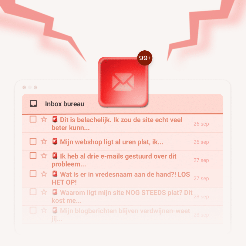 Overvolle inbox van het bureau met boze e-mails van klanten en een rood waarschuwingspictogram, dat de frustratie van klanten en het feit dat bureaus de schuld krijgen van downtime weergeeft.