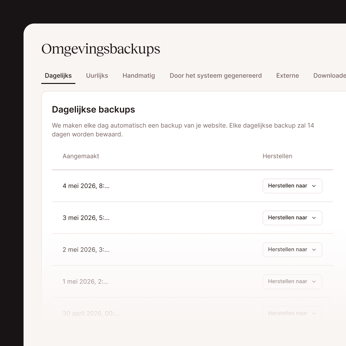 Verschillende soorten back-ups die Kinsta aanbiedt in het MyKinsta-dashboard