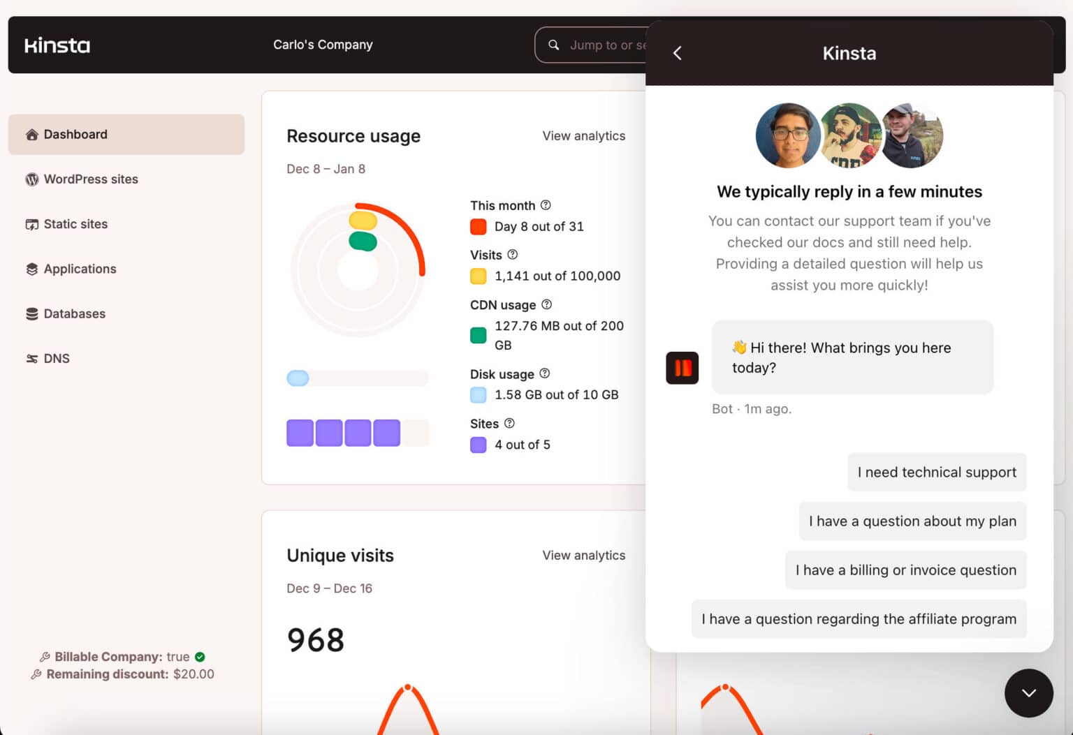 Ondersteuningschat in MyKinsta