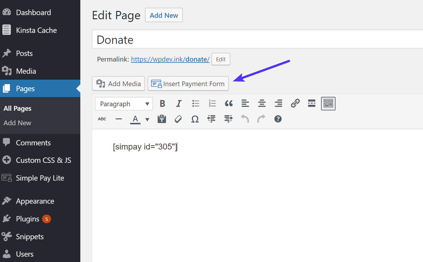 Inserir formulário de pagamento