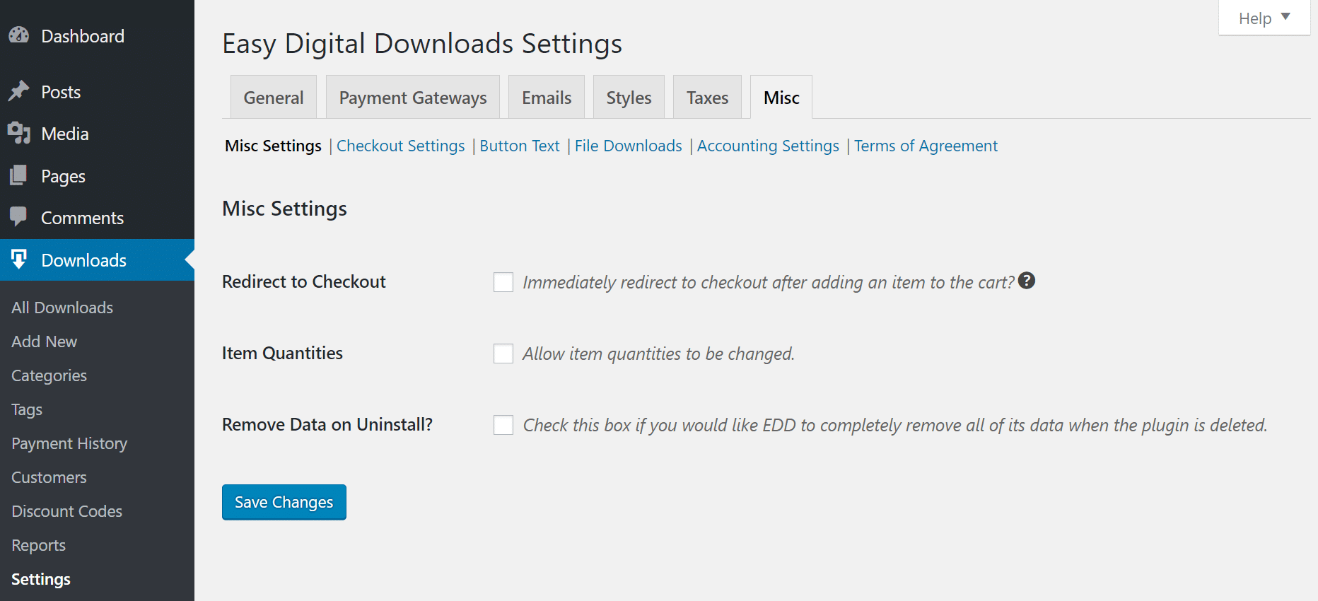 Configurações diversas do EDD