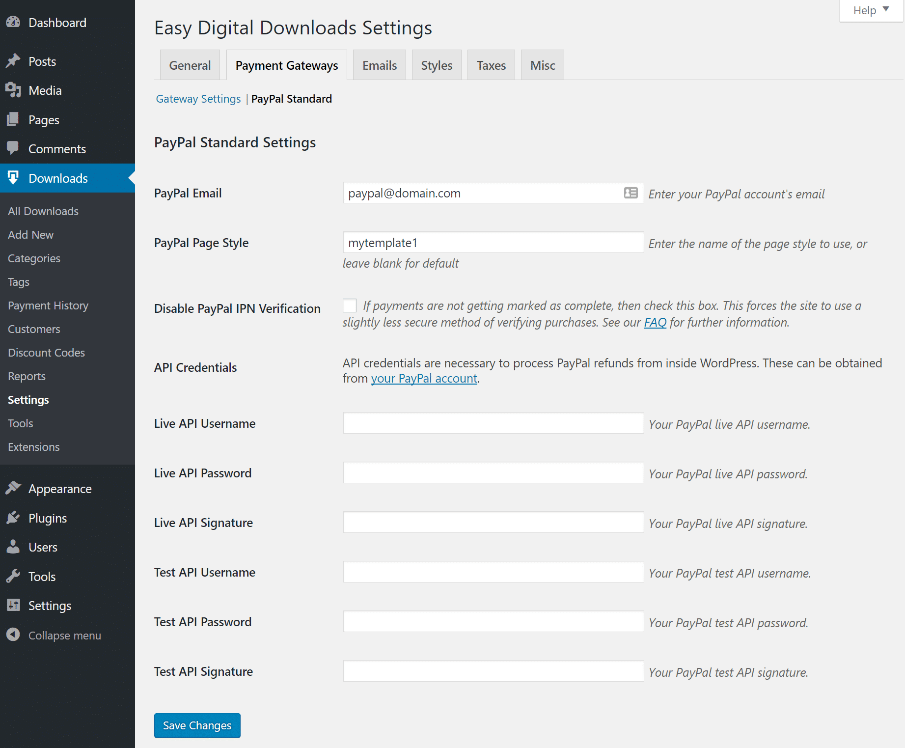 Configurações do PayPal Standard no EDD