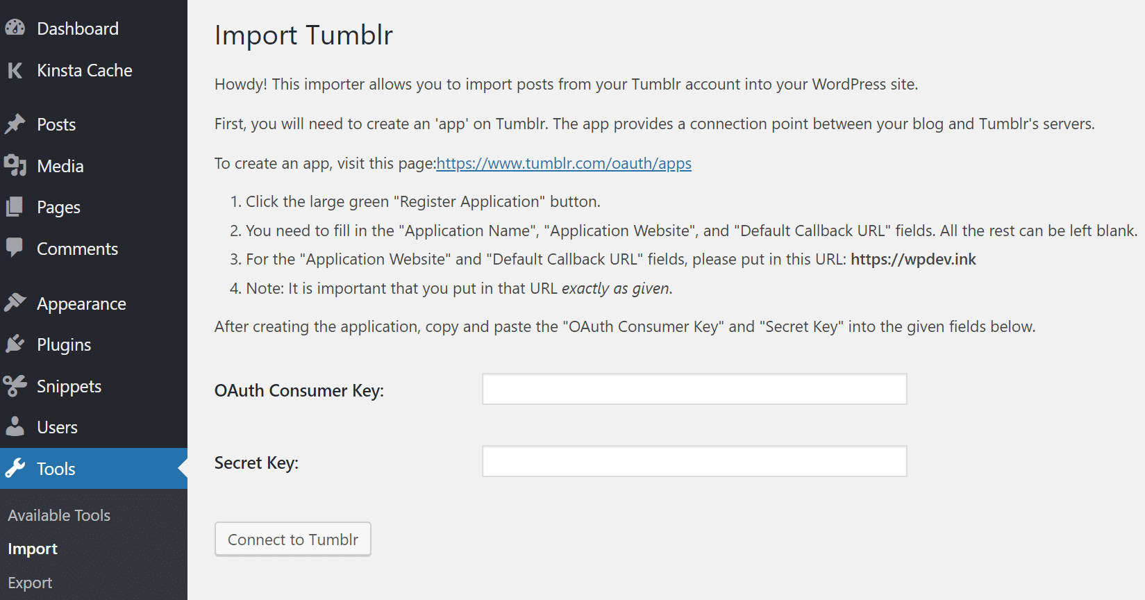 Configurações do Tumblr de importação