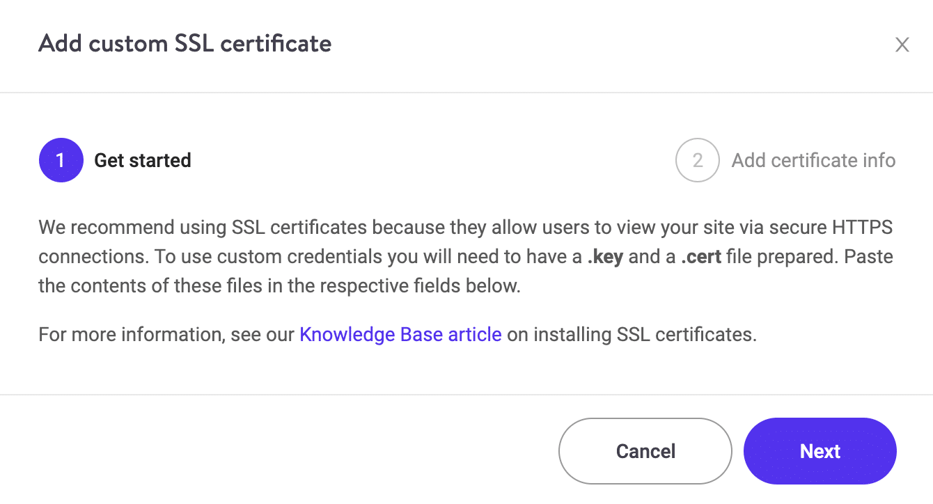 Adicionar certificado SSL personalizado Passo 1