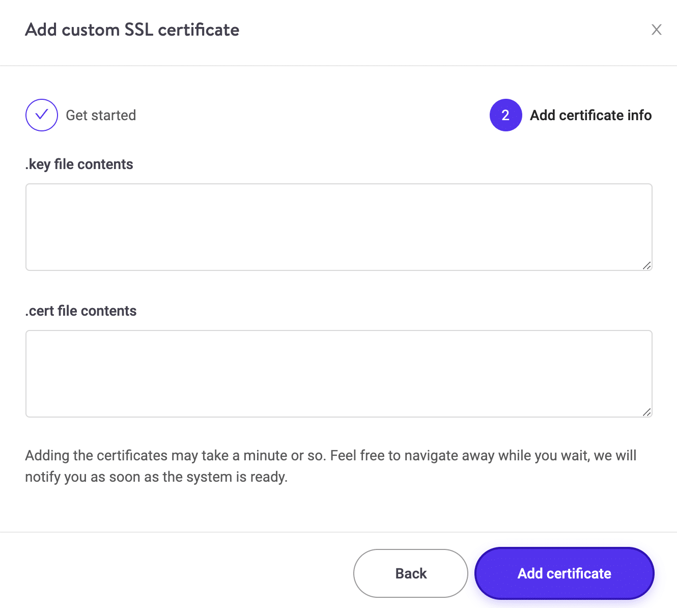 Adicionar certificado SSL personalizado Passo 2