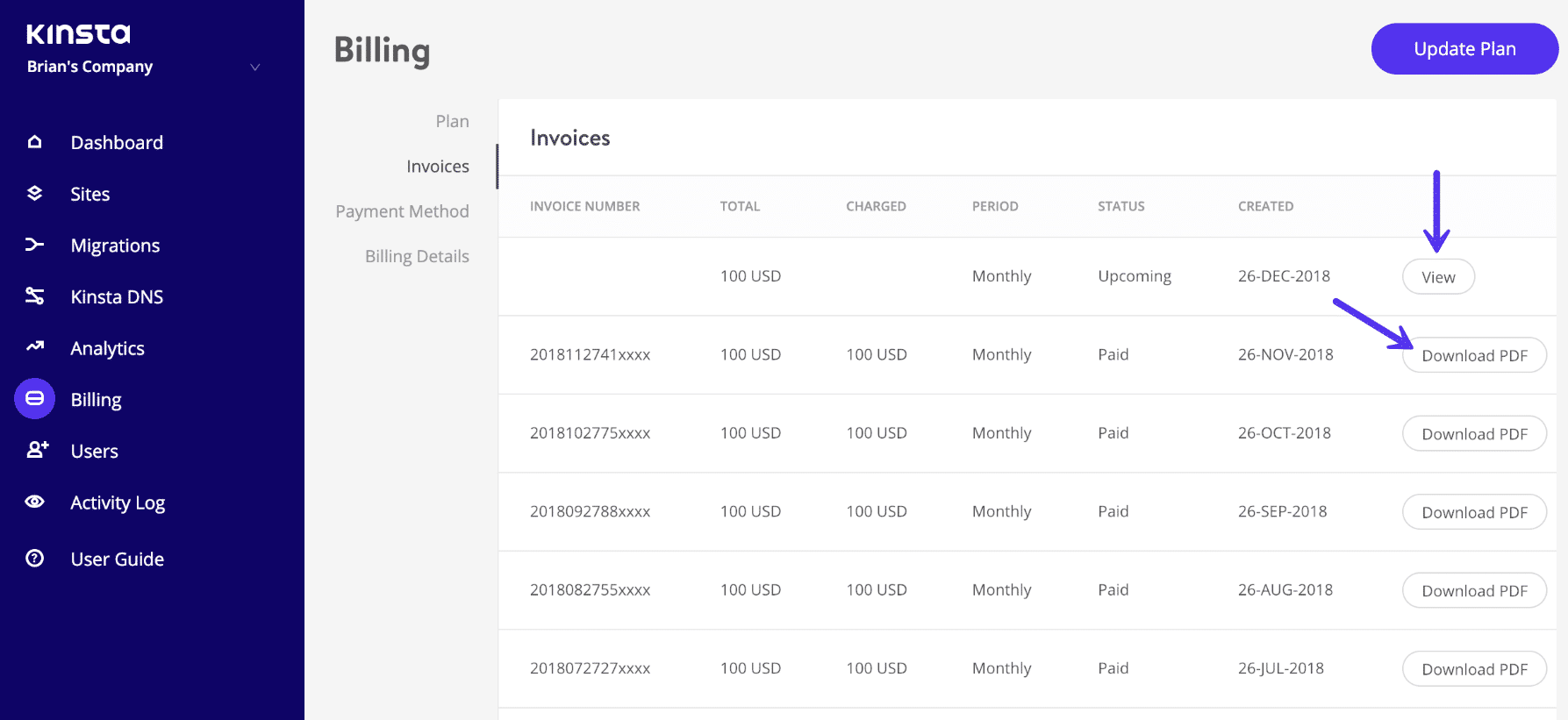 Lista de faturas do Kinsta