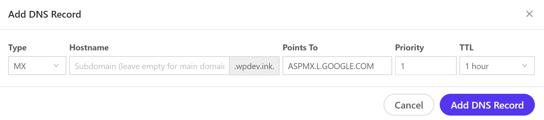 Adicionar registro MX