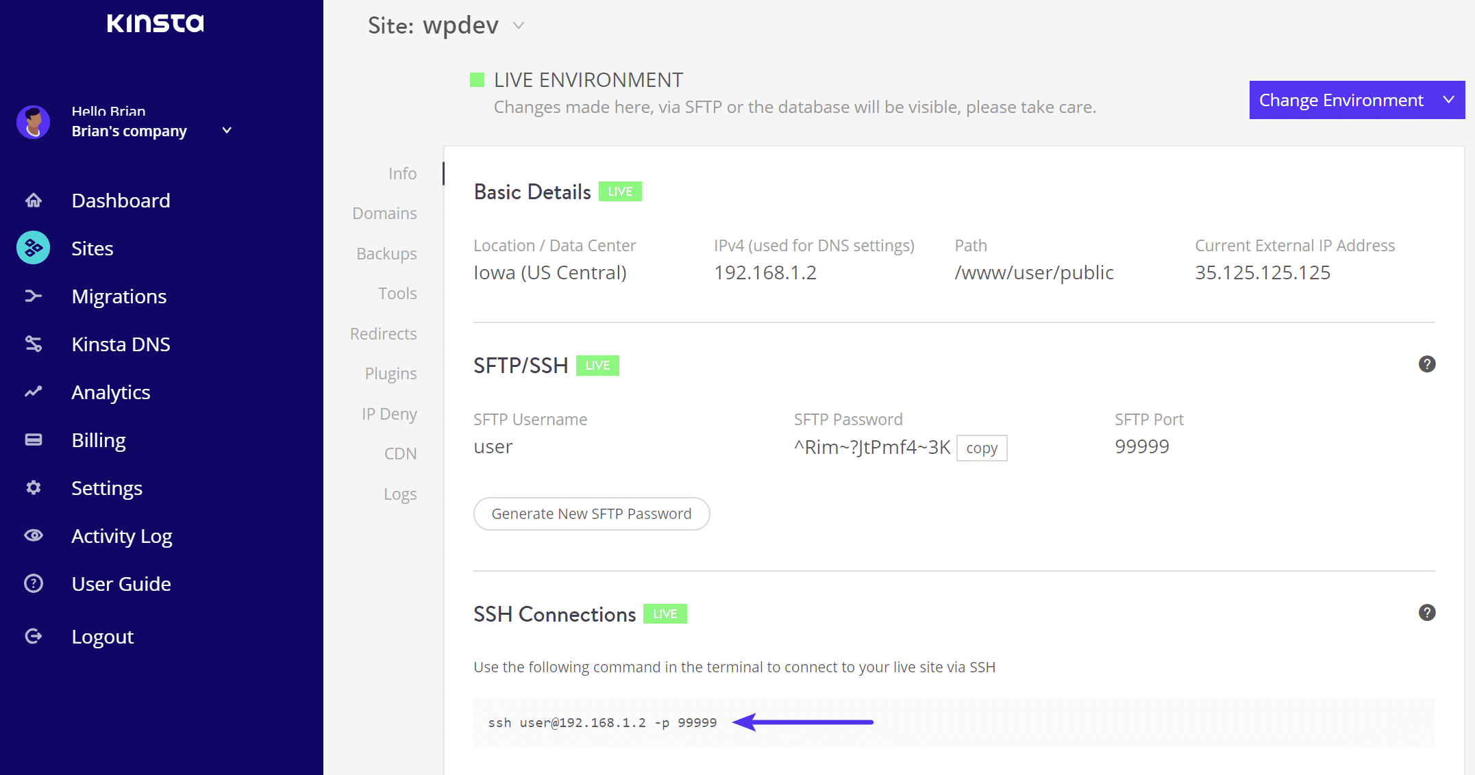 Conectar ao SSH - Informações de login do MyKinsta