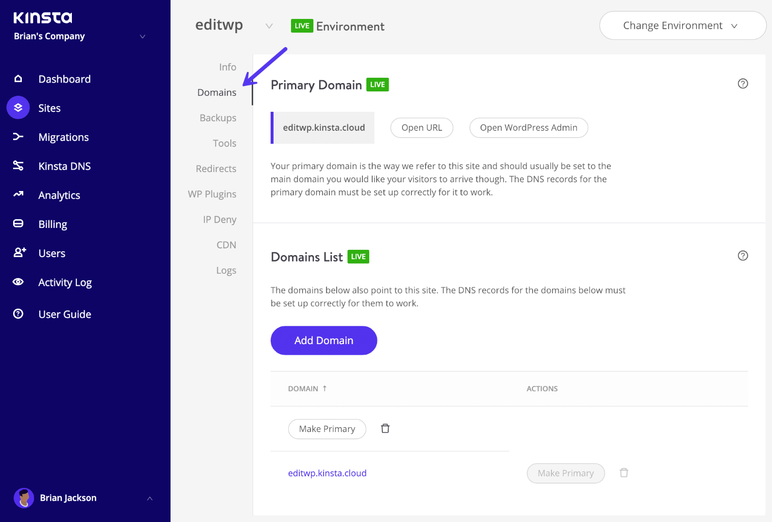 Separador Domínios no MyKinsta