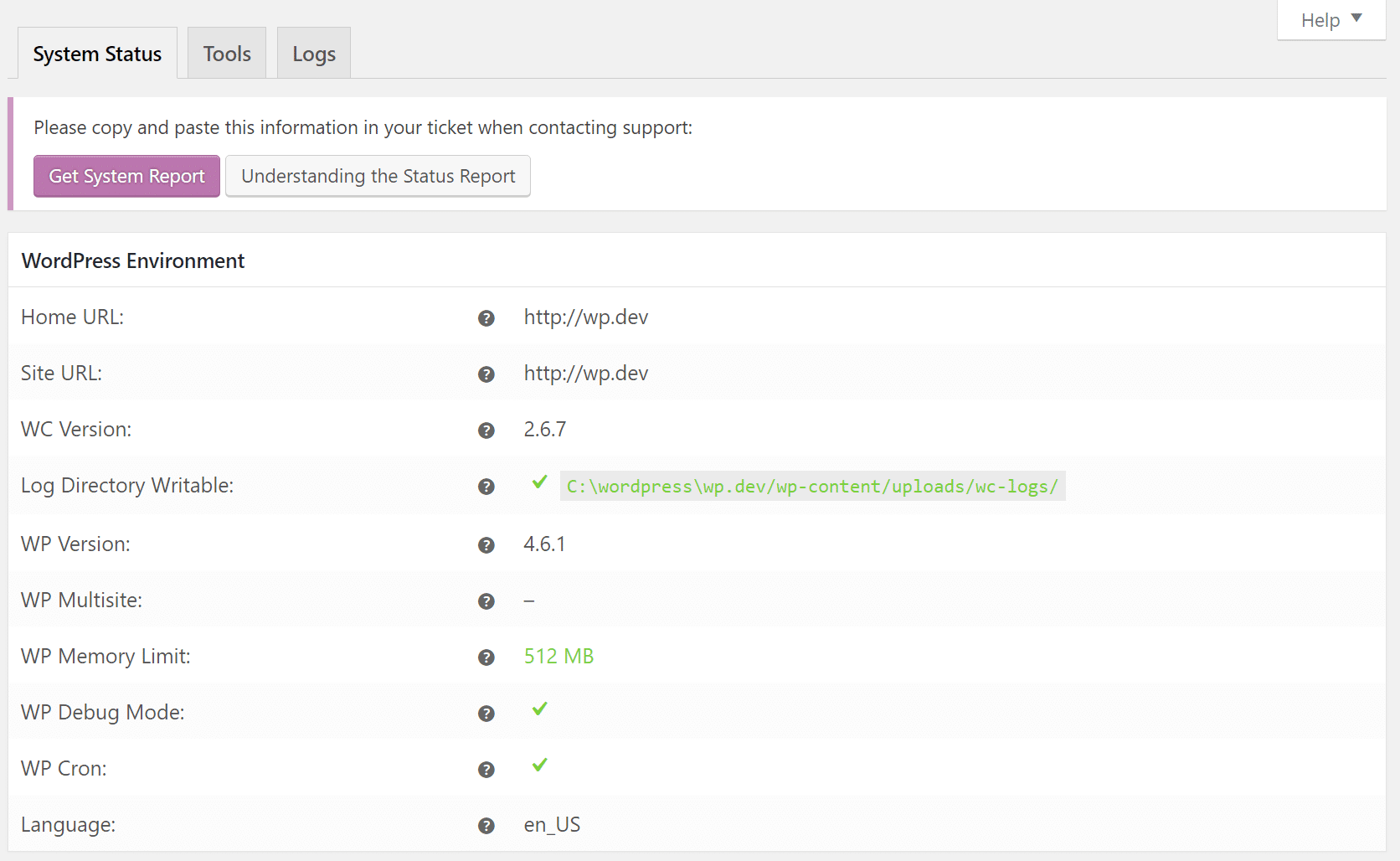 WooCommerce system status Status do sistema WooCommerce