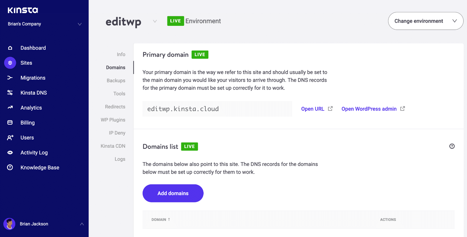Kinsta URL temporária