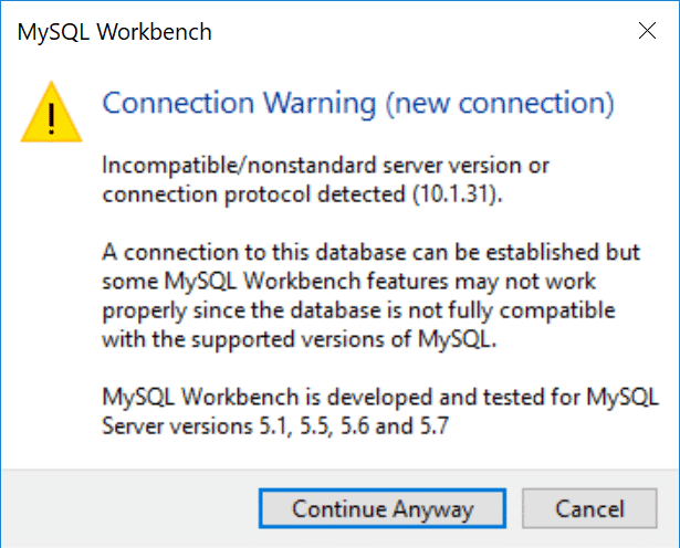 Mensagem do MySQL Workbench de “connection warning”