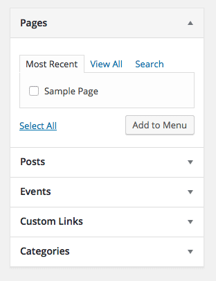 As meta-caixas de itens do menu incorporado mostram listas de links que apontam para o conteúdo do site