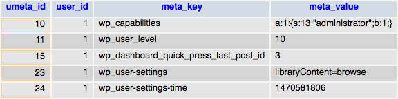 Cinco linhas na tabela usermeta armazenam dados relativos às capacidades do utilizador, nível e definições do painel de instrumentos
