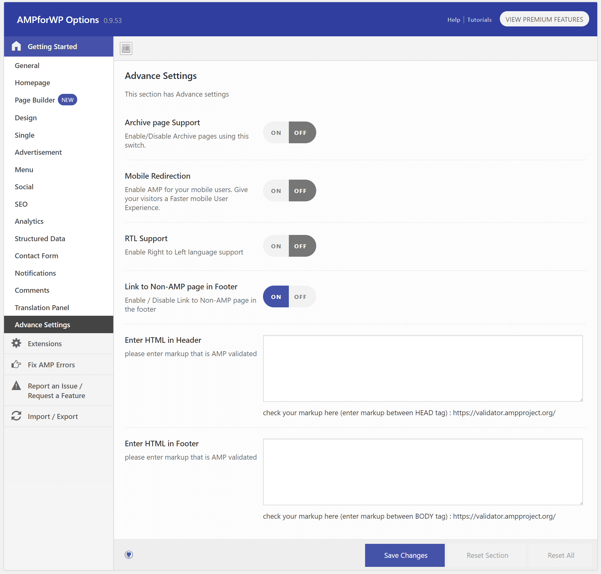 Configurações avançadas do AMP