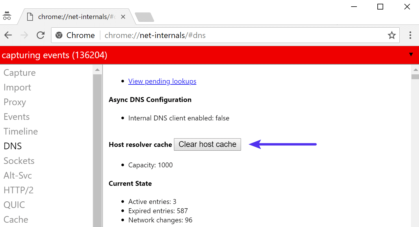 Limpar o cache do host no Chrome