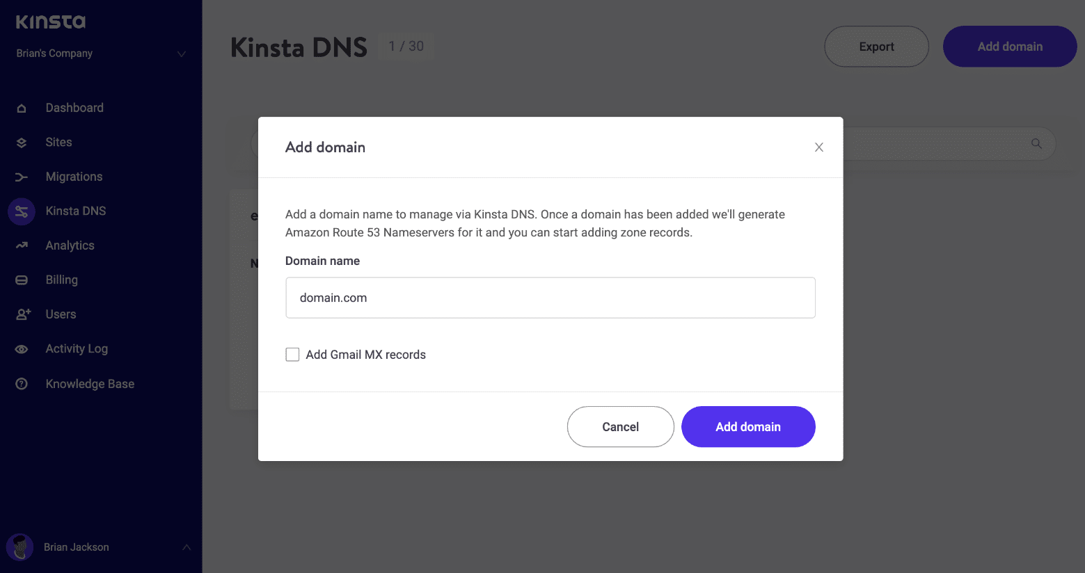 Adicionar domínio a Kinsta DNS