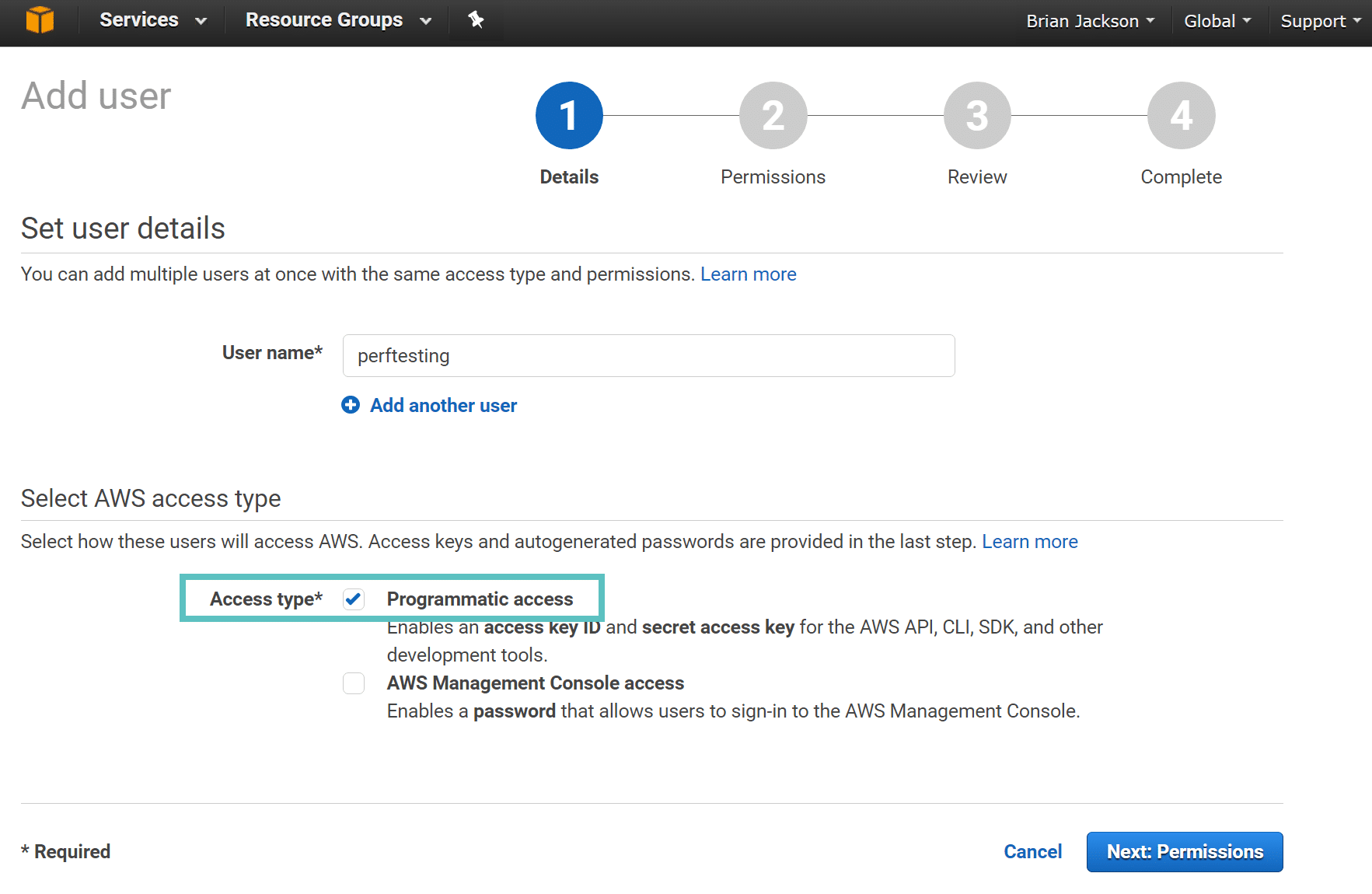 amazon web services Adicionar usuário