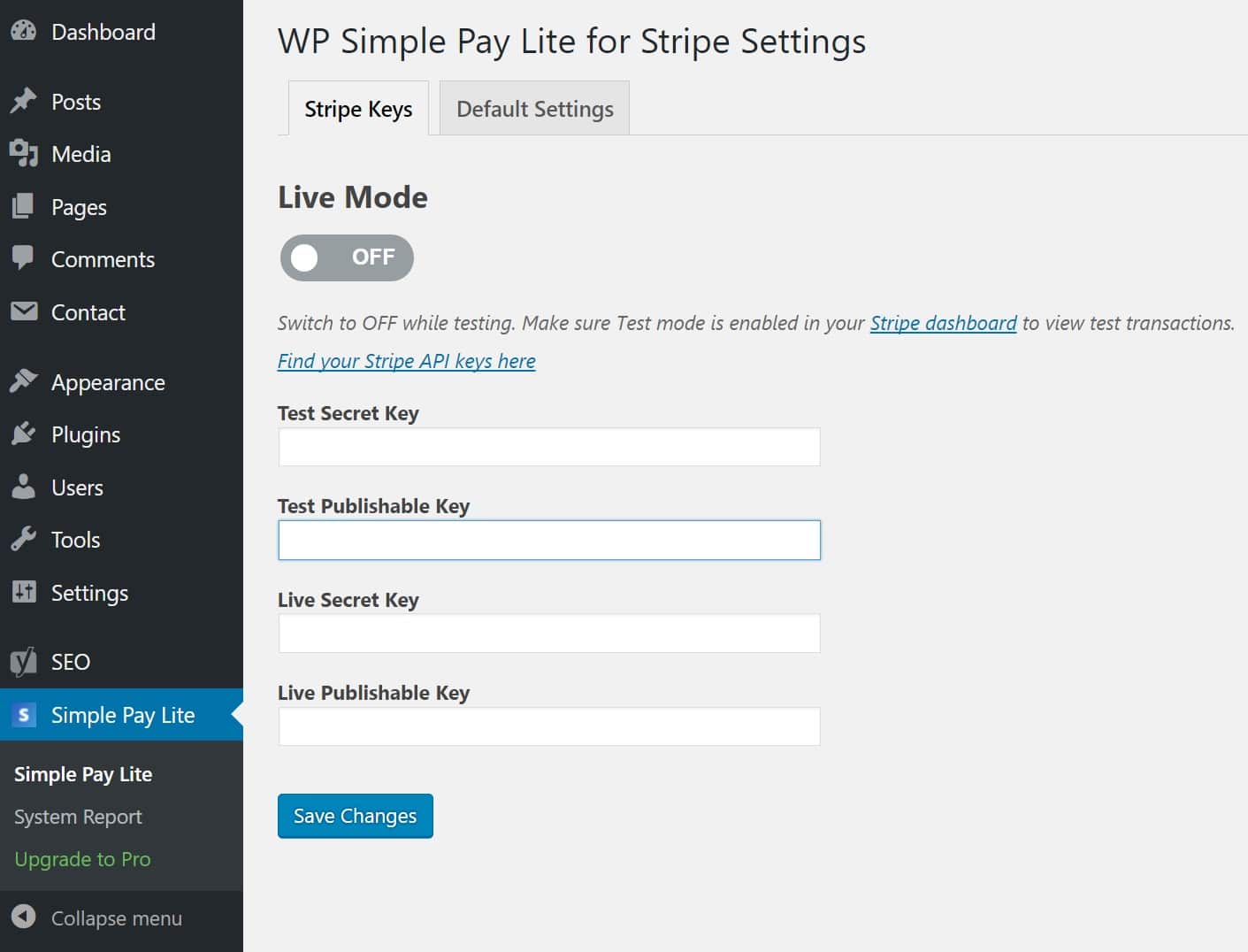 Teclas API WP Simple Pay Lite