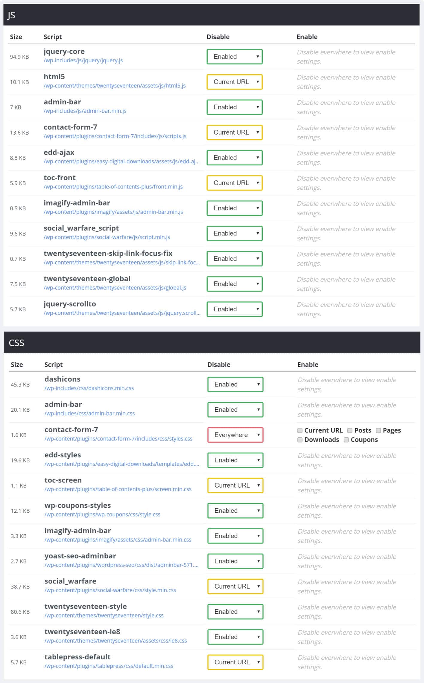 Desativar scripts com plugin de perfmatters