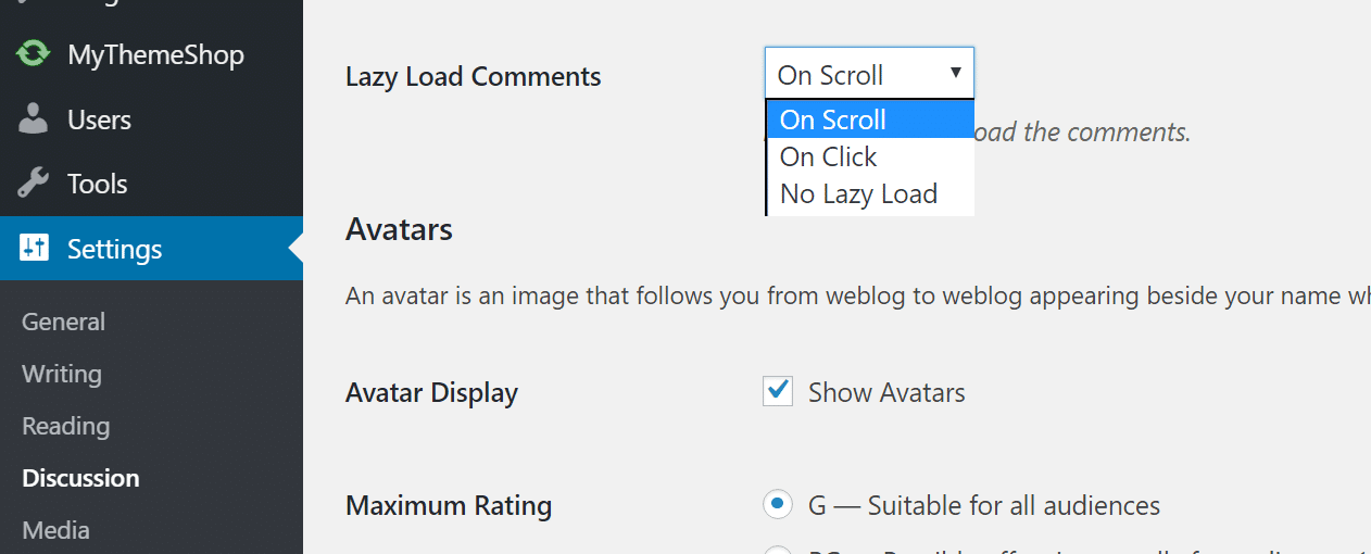 Opções de Lazy Load Comments