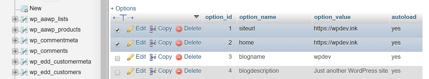 linhas siteurl e home na base de dados WordPress