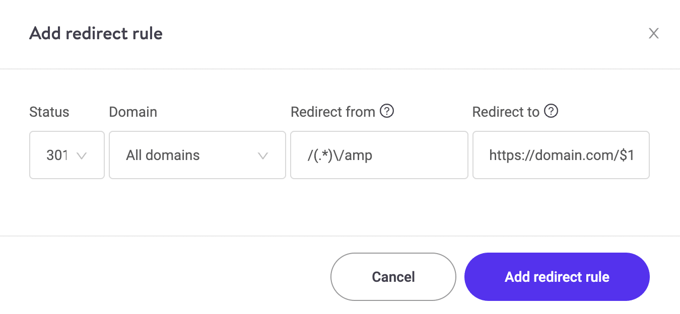 Desativar o exemplo do Google AMP Regex