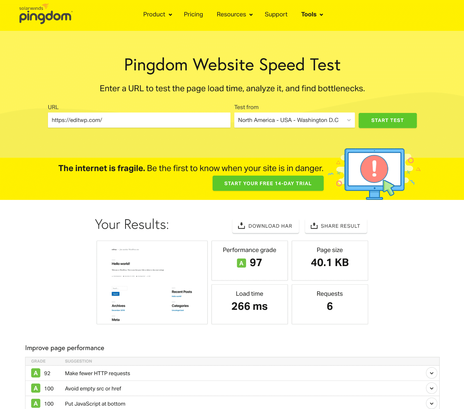 Ferramenta de teste de velocidade de website Pingdom