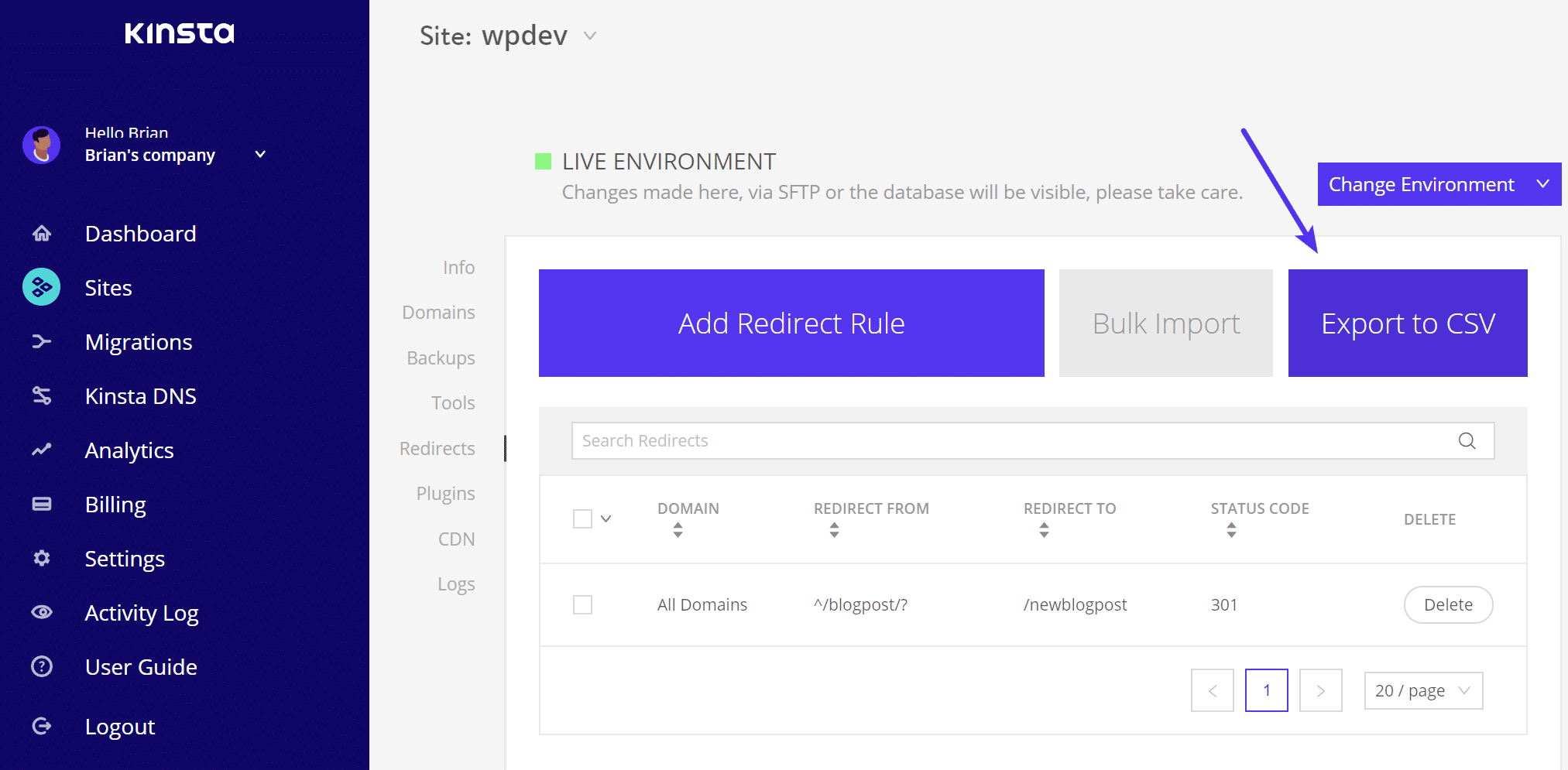 Exportar redirecionamentos para CSV