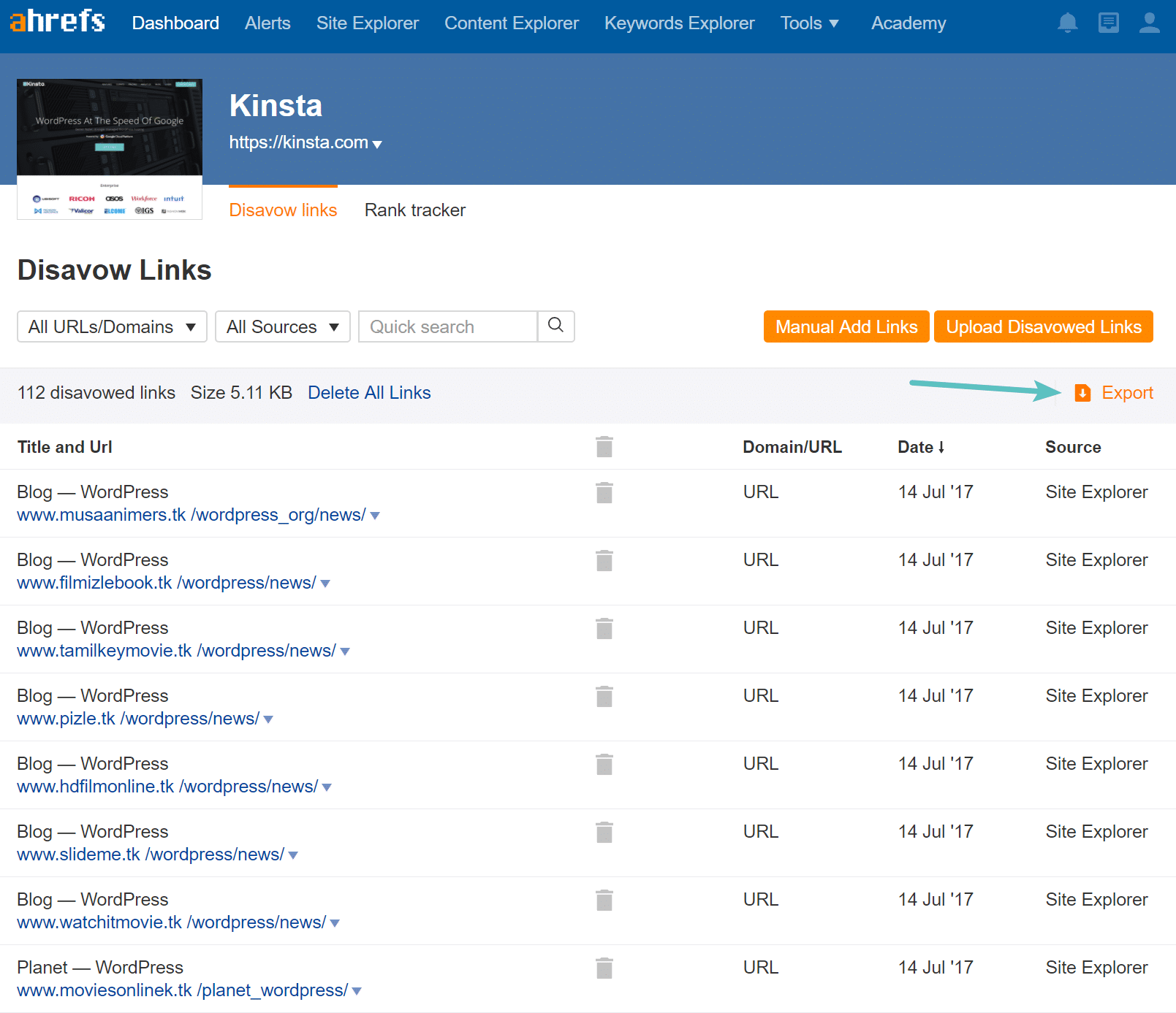 Links de não aceitação de exportação