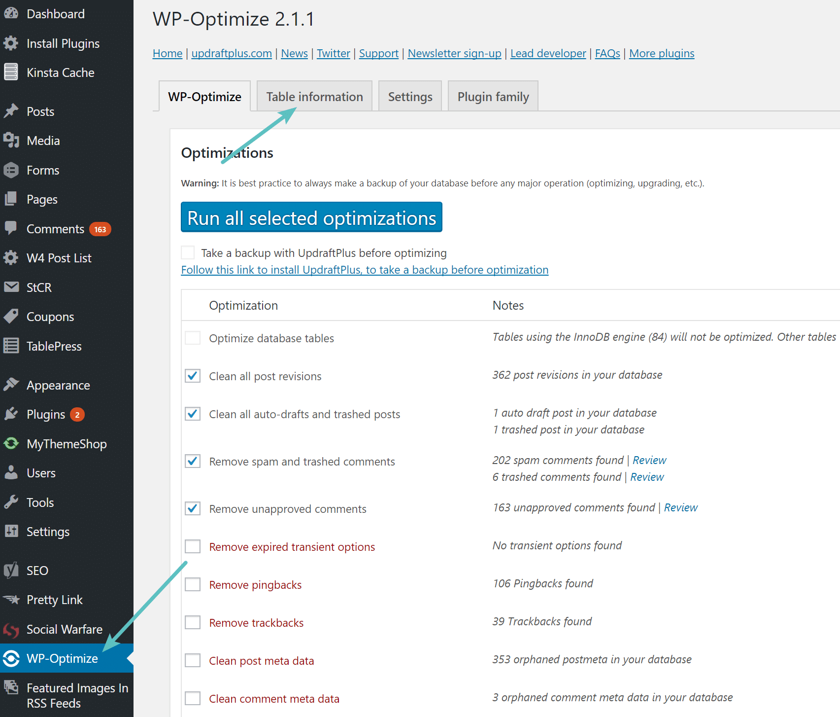 Informações de tabela WP-Optimize
